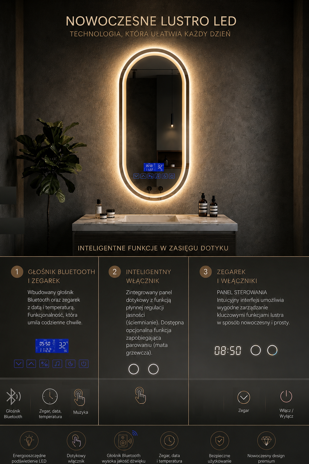 Lustro-owalne-Głosnik-premium-zegarek-termometr-led
