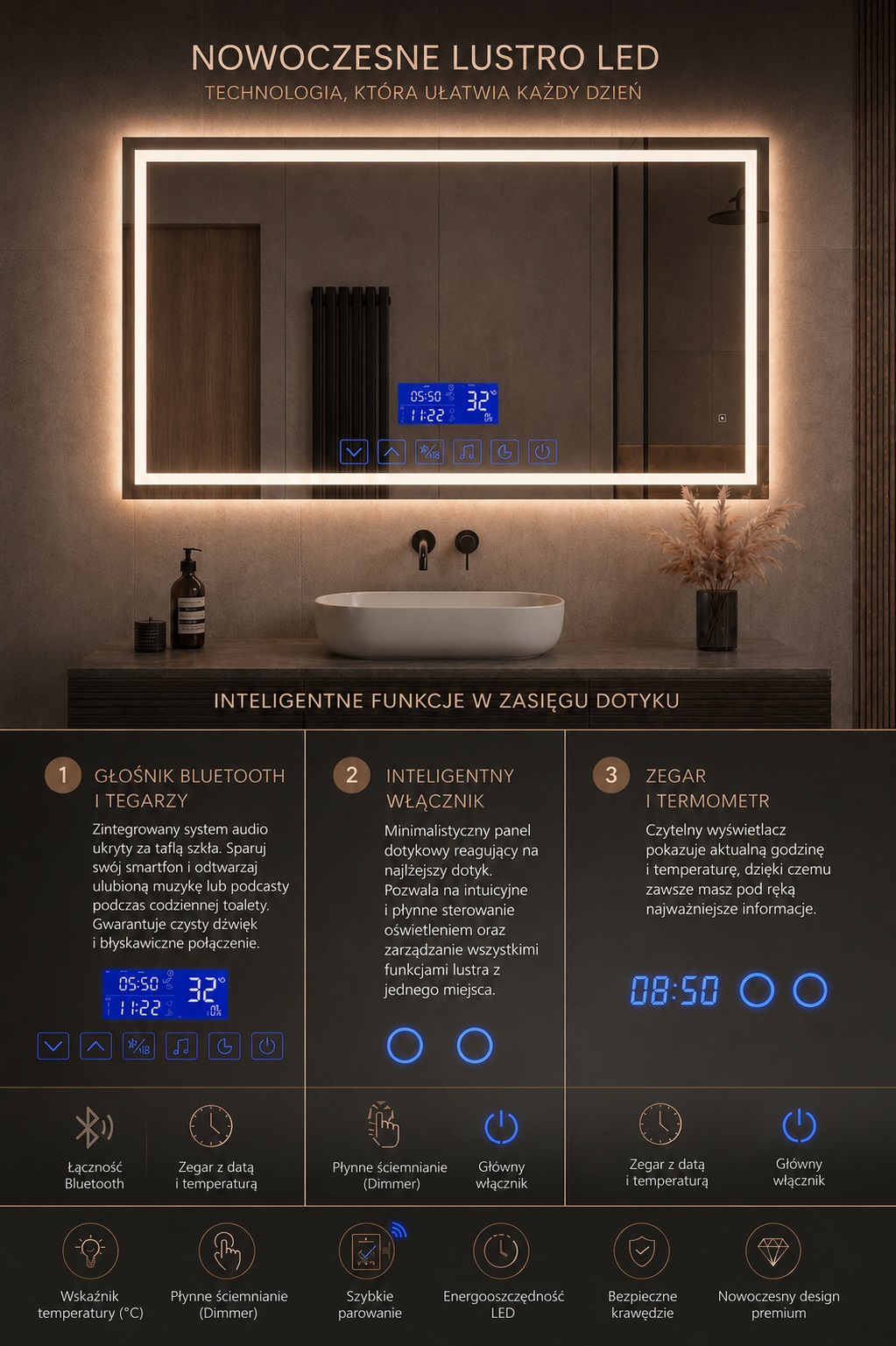 Nowoczesne prostokątne lustro LED do łazienki z podświetleniem ambientowym, dotykowym panelem sterowania, zegarem, termometrem oraz głośnikiem Bluetooth. Elegancka aranżacja premium w ciemnym wnętrzu z umywalką nablatową i inteligentnymi funkcjami lustra.